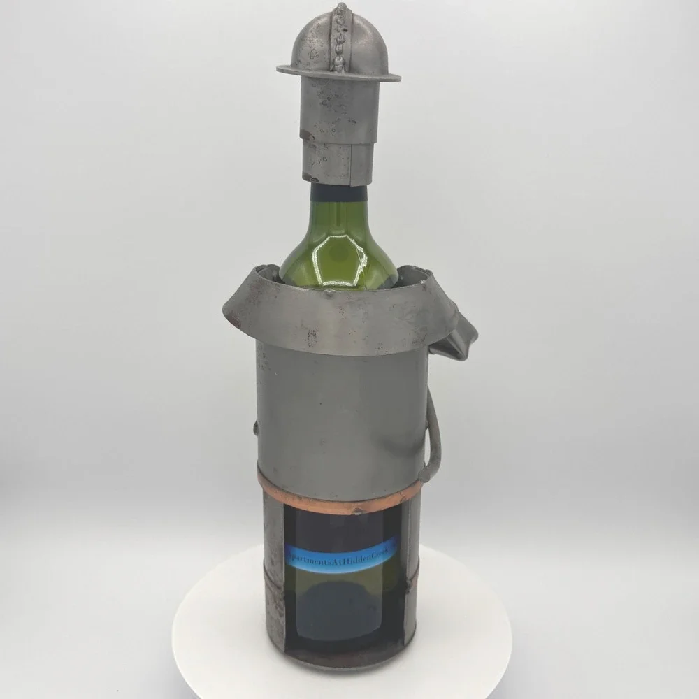 Metal Fireman Wine Bottle Holder Firefighter Caddy Industrial Art Decor